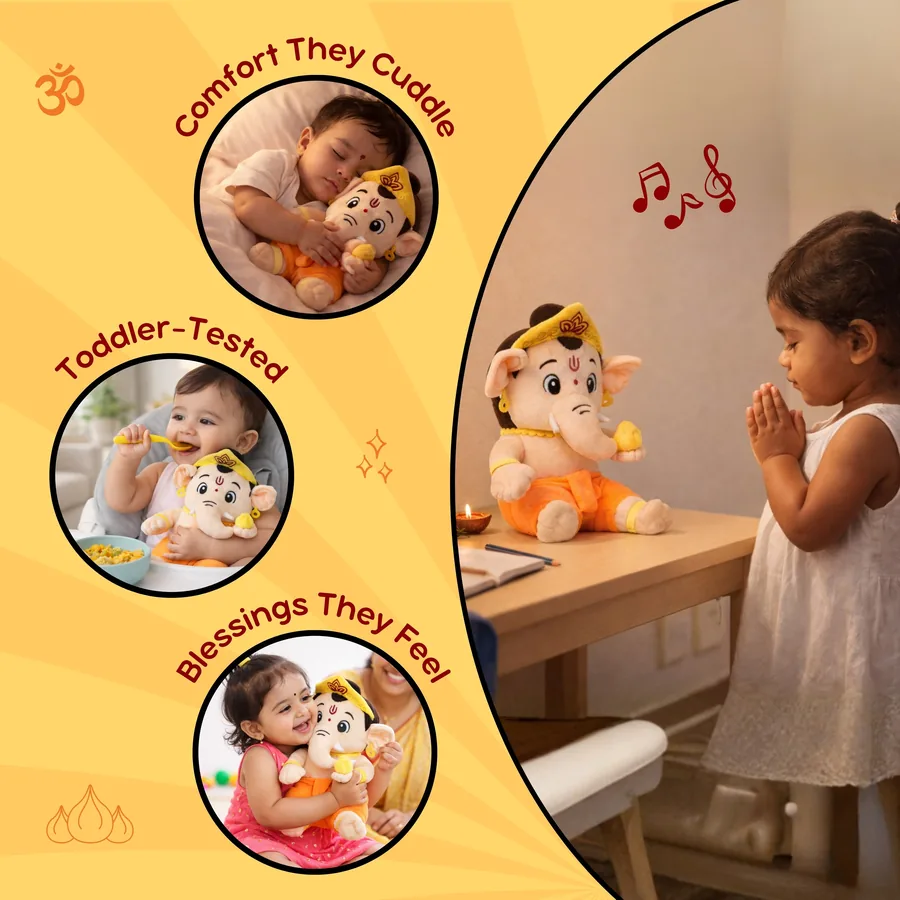 Toddler cuddling the Mantra Ganesha and folding hands in prayer
