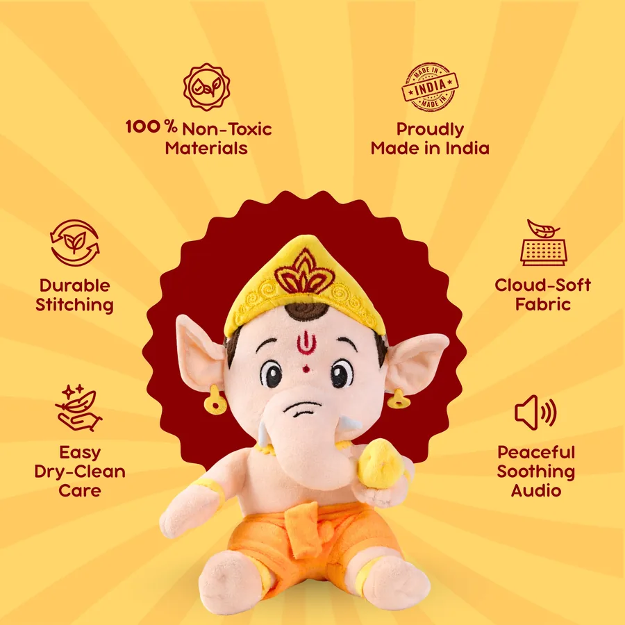 Mantra Ganesha quality — non-toxic, made in India, cloud-soft fabric, soothing audio